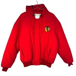 Vtg DeLong Chicago Blackhawks Hooded Bomber Jacket XL Red Quilted Full Zip